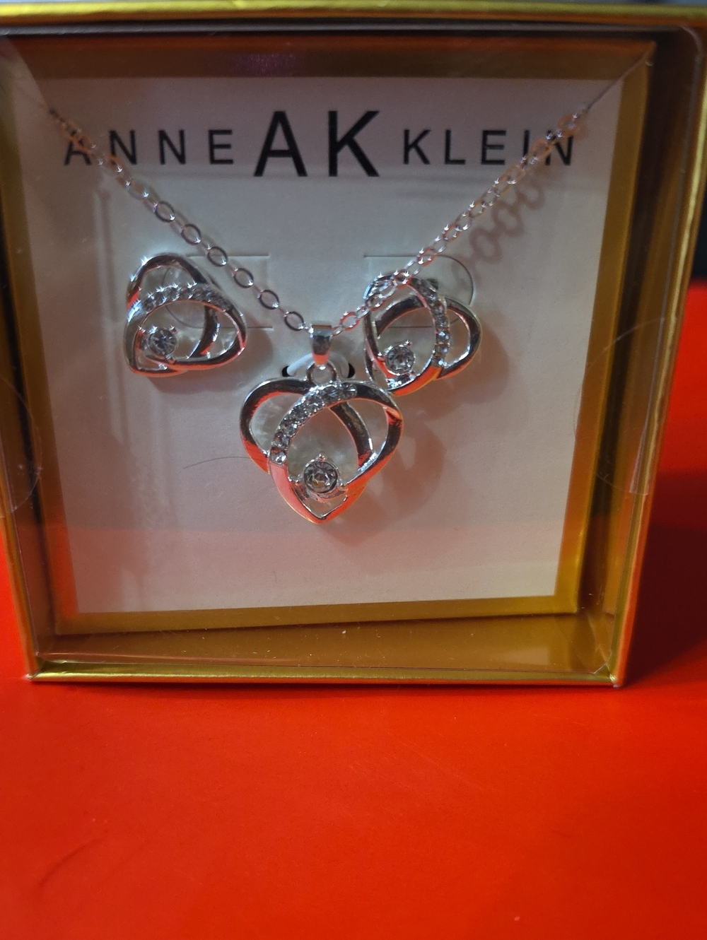 Anne Klein Silver Heart Pendant Necklace and Matching Earrings Set